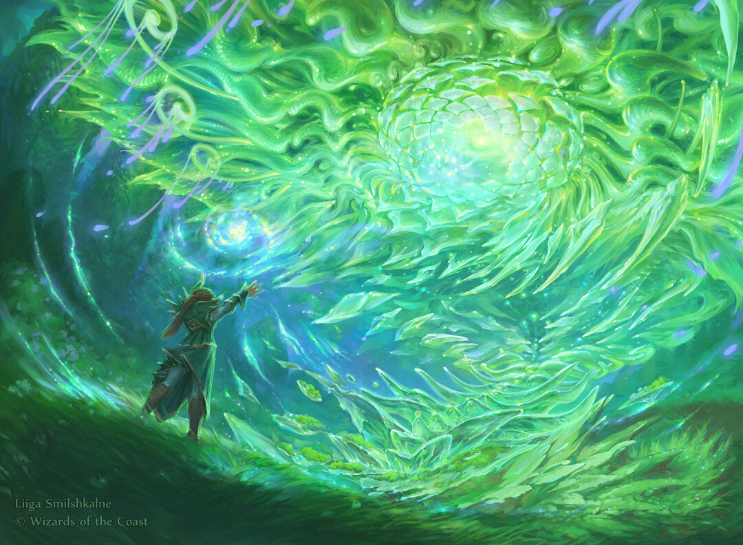 A mage reaches up into a spiral of glowing blue and green energy.