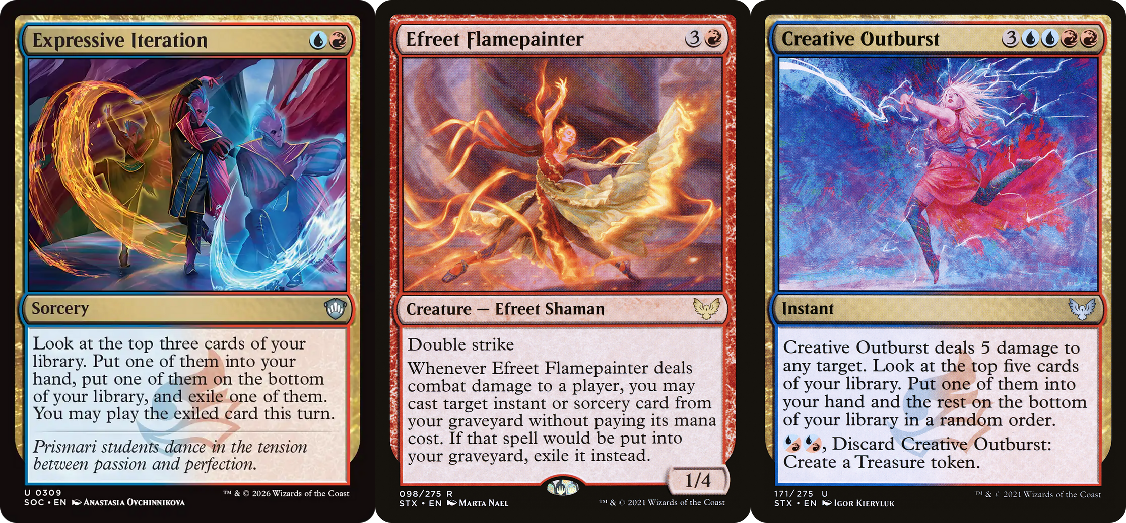 Three Magic: The Gathering cards stand side by side. They're all blue or red, depicting dancers with energy. From left to right: Expressive Iteration, Efreet Flamepainter, Creative Outburst