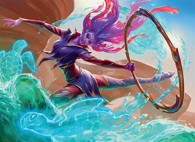A purple and red dancing merfolk holds a hoop while spirits of sea turtles splash through.