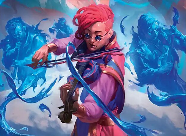A pink-haired human with sunglasses and vibrant-colored clothing plays a violin while swirls of blue energy encircle them. The blue energy takes the form of other musicians behind them.