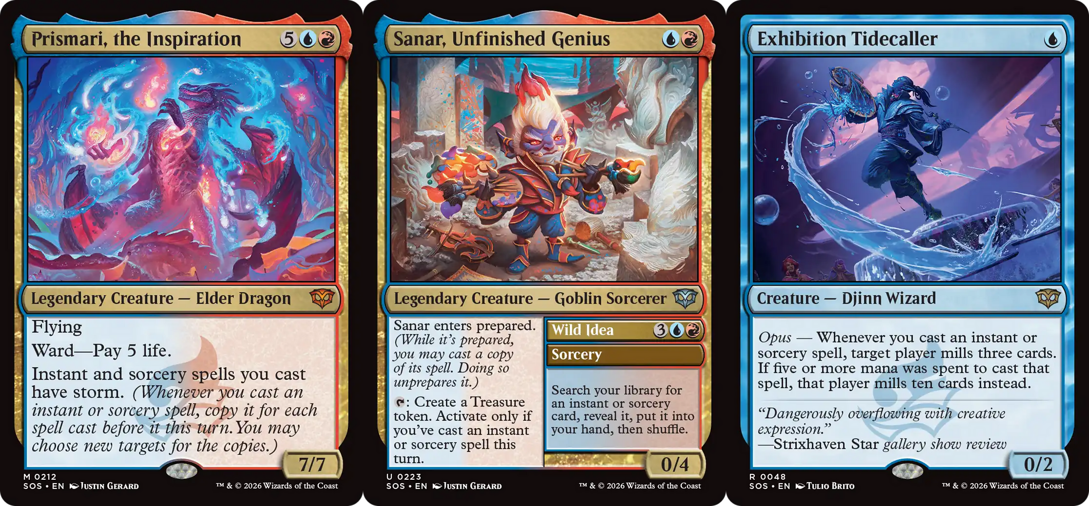 Three Magic: The Gathering cards, depicting a dragon, a bearded goblin, and a djinn standing in a painting circle. Card names from left to right: Prismari, the Inspiration, Sanar, Unfinished Genius, and Exhibition Tidecaller