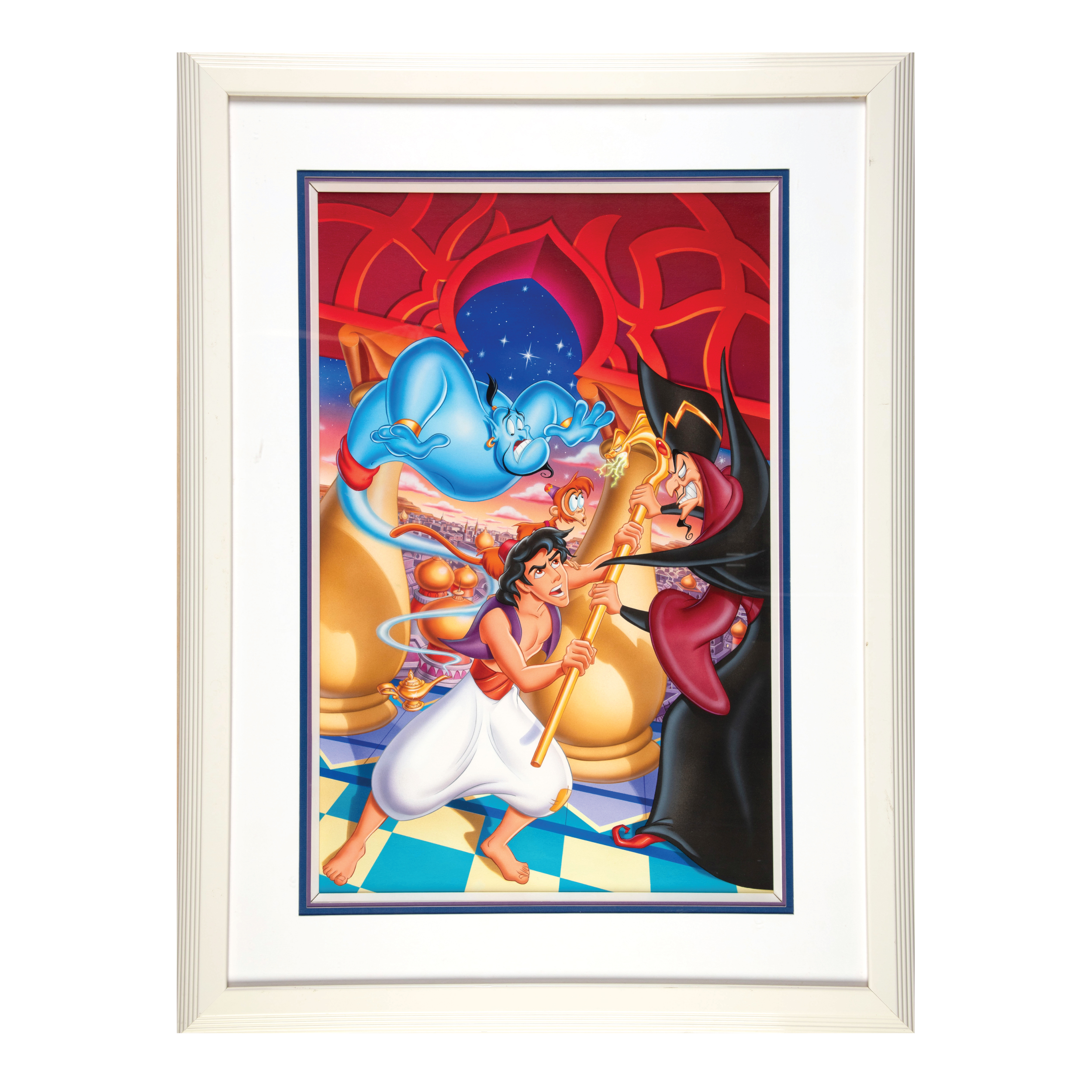 The cover for the Sega Genesis adaption of Aladdin, featuring Aladdin fighting with Jafar in a room with a red ceiling, with the genie looking on