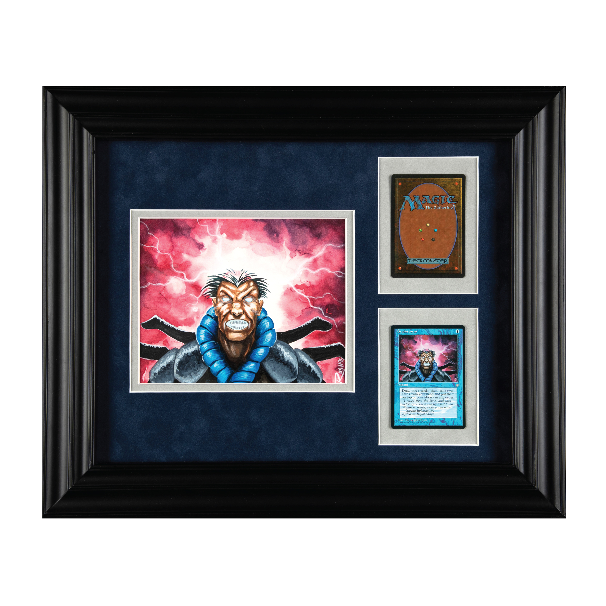 A frame holding a painting of the Magic: The Gathering card: Brainstorm. The art features a mage with a burst of pink and white energy coming out of their head.
