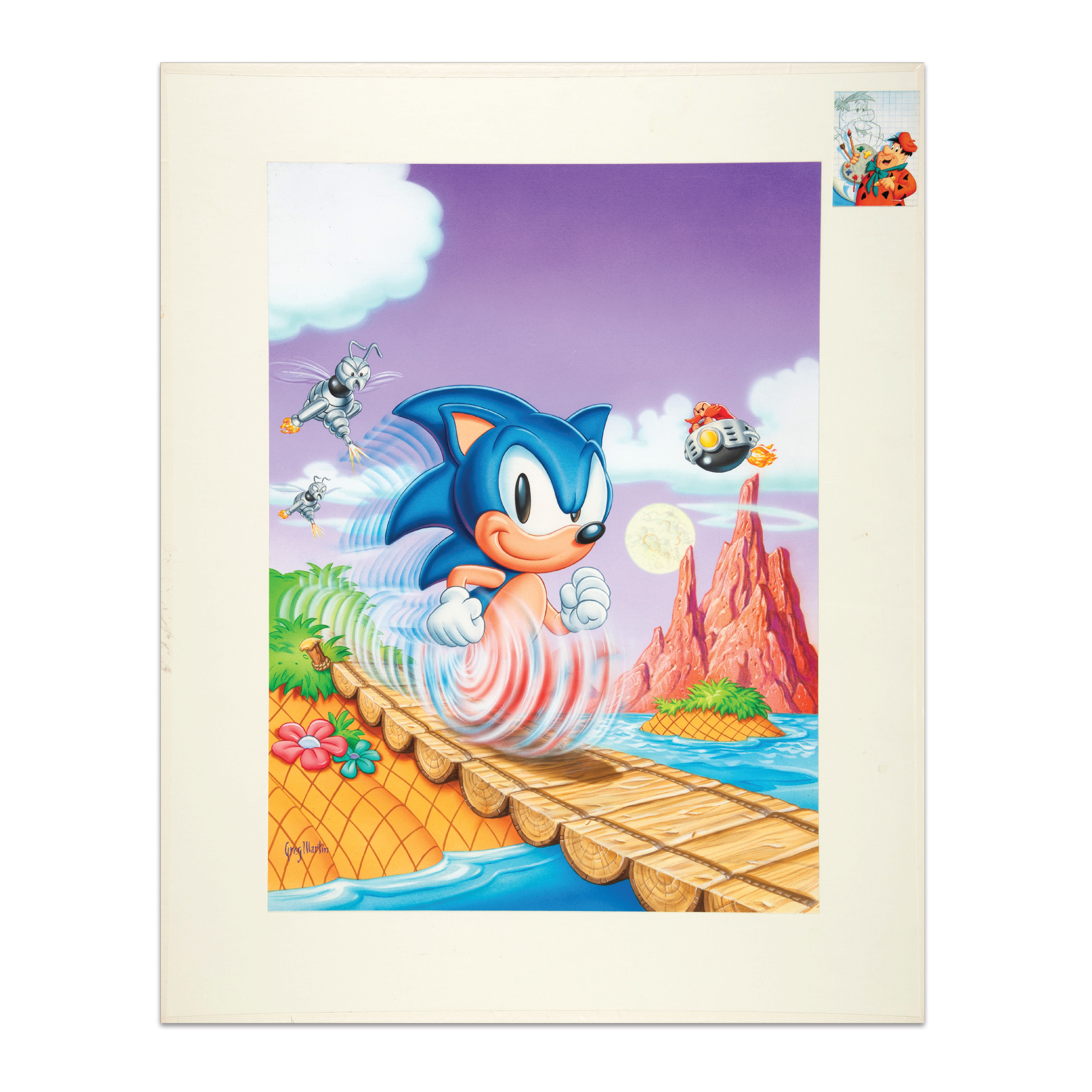 The cover art for Sonic on Game Gear. It features Sonic running across a rope bridge with tropical islands in the background.