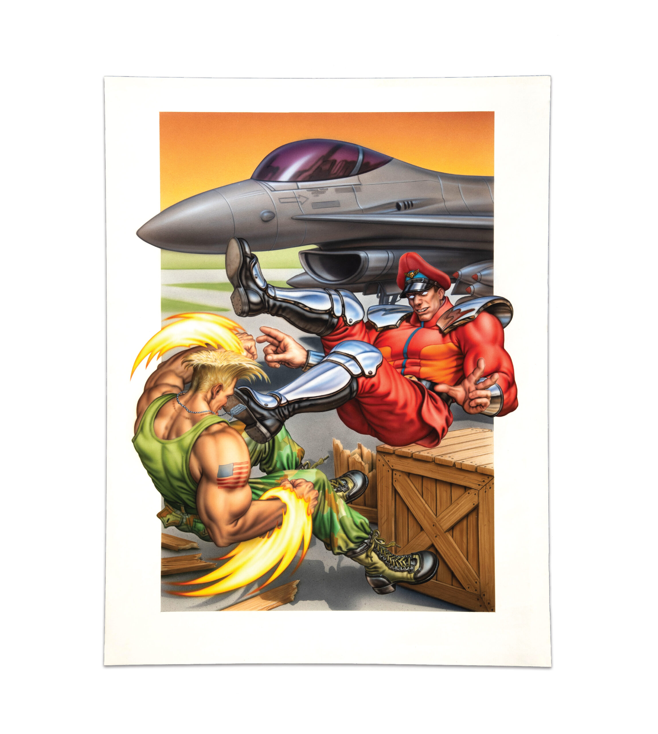 The cover art for Street Fighter 2, featuring M. Bison and Guile fighting in front of a grey fighter jet.