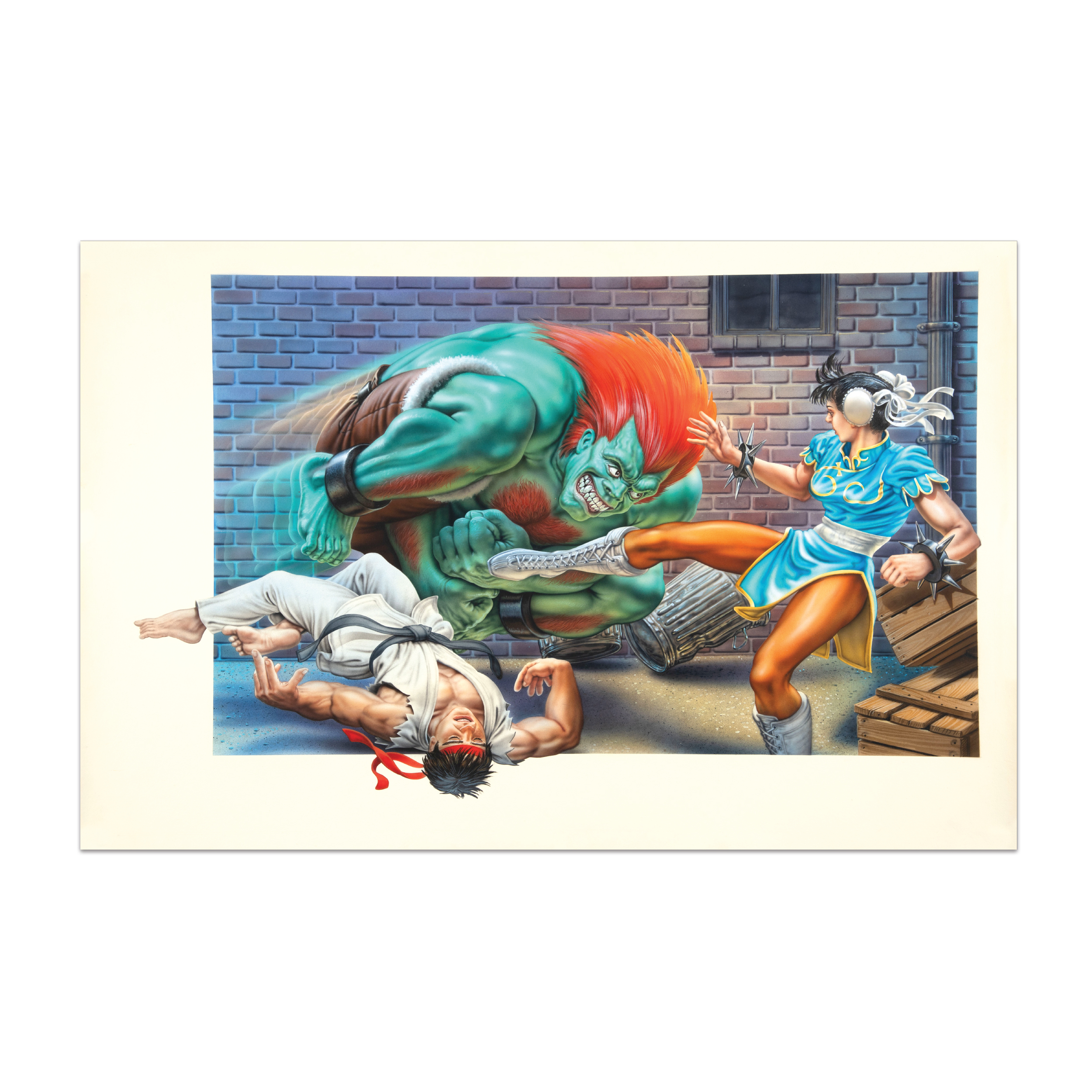 The cover art for Street Fighter 2, featuring Blanka surging towards Chun Li, with Ryu incapacitated below.