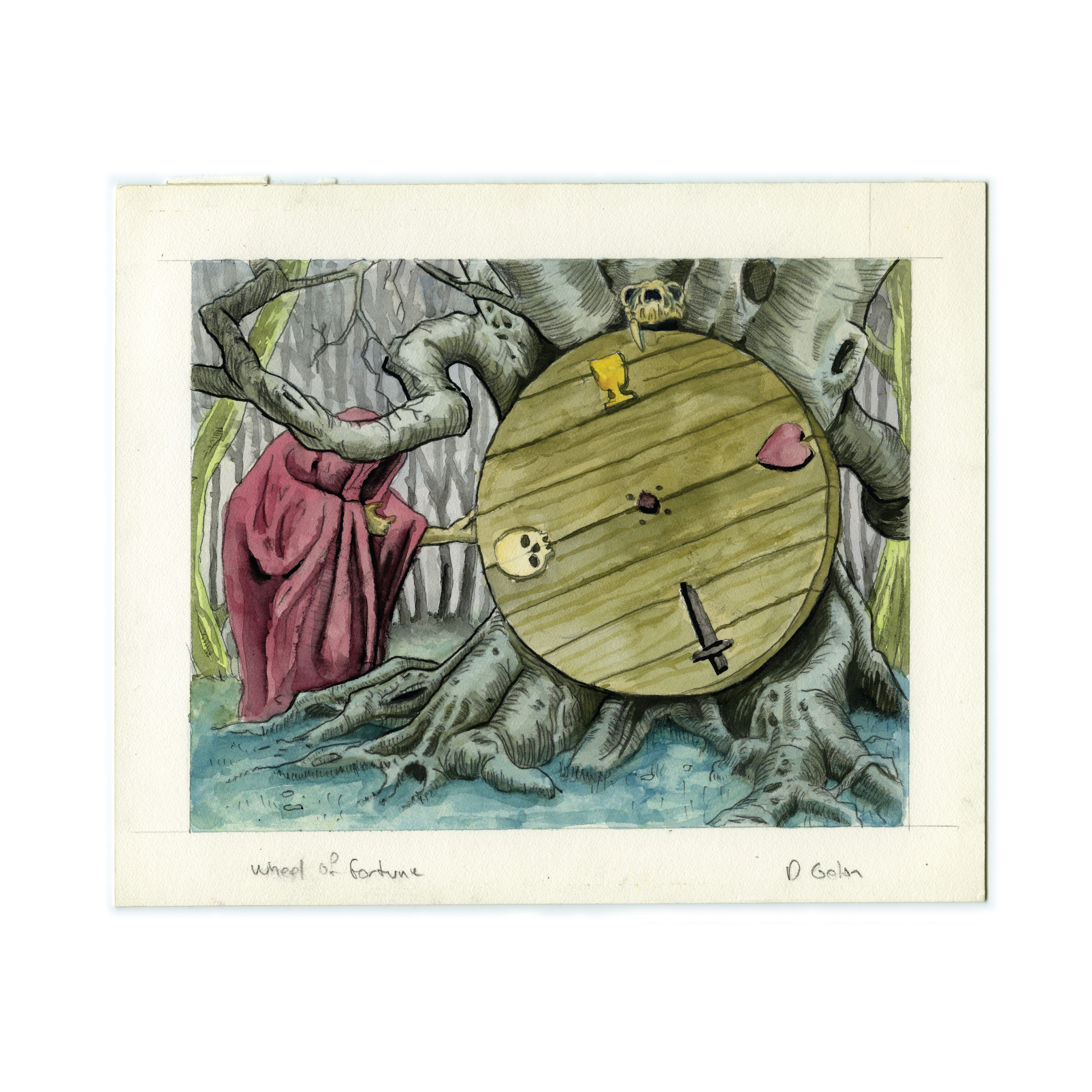 The Magic: The Gathering art for Wheel of Fortune, featuring a cloaked figure standing near a large wooden wheel with four different objects on it. 