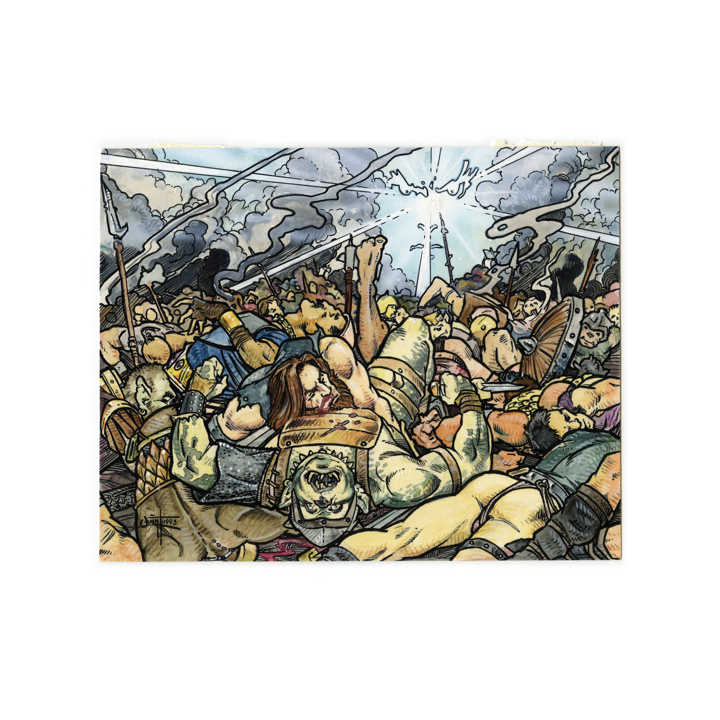 The original Magic: The Gathering art for Wrath of God, featuring a battle between humans and orcs, with sunlight piercing through the clouds above.