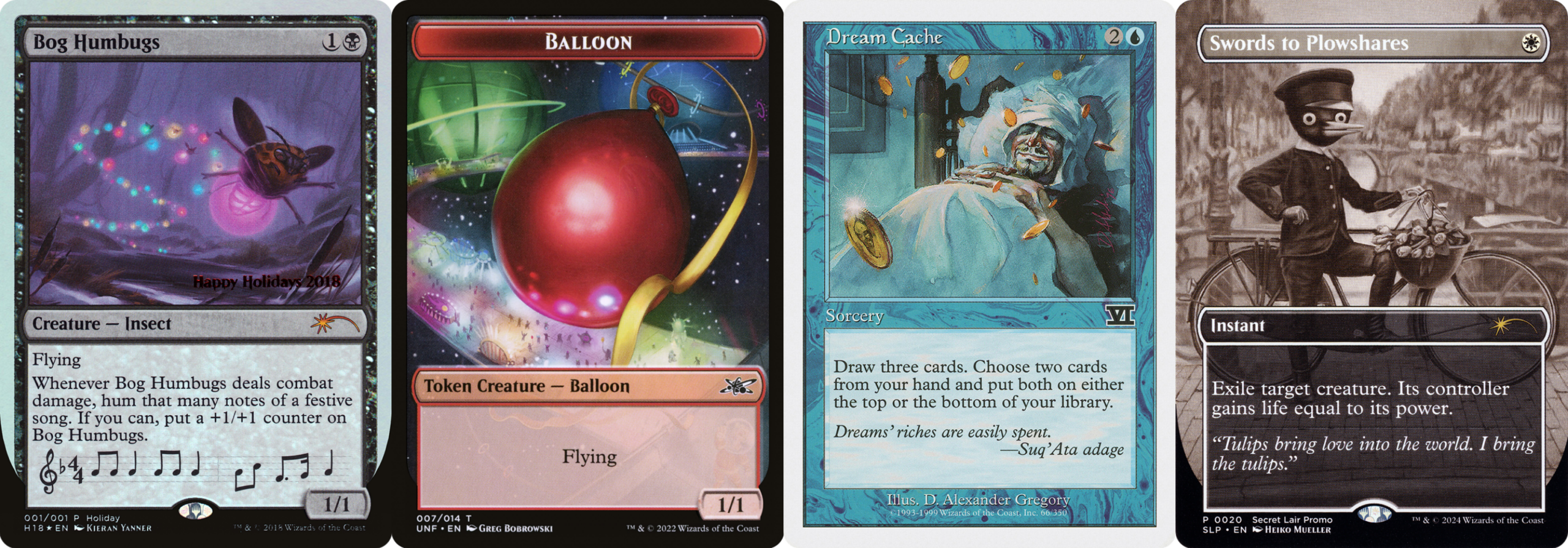 Four Magic: The Gathering cards arranged side by side. From left to right: Bog Humbugs, Balloon token, Dream Cache, Swords to Plowshares