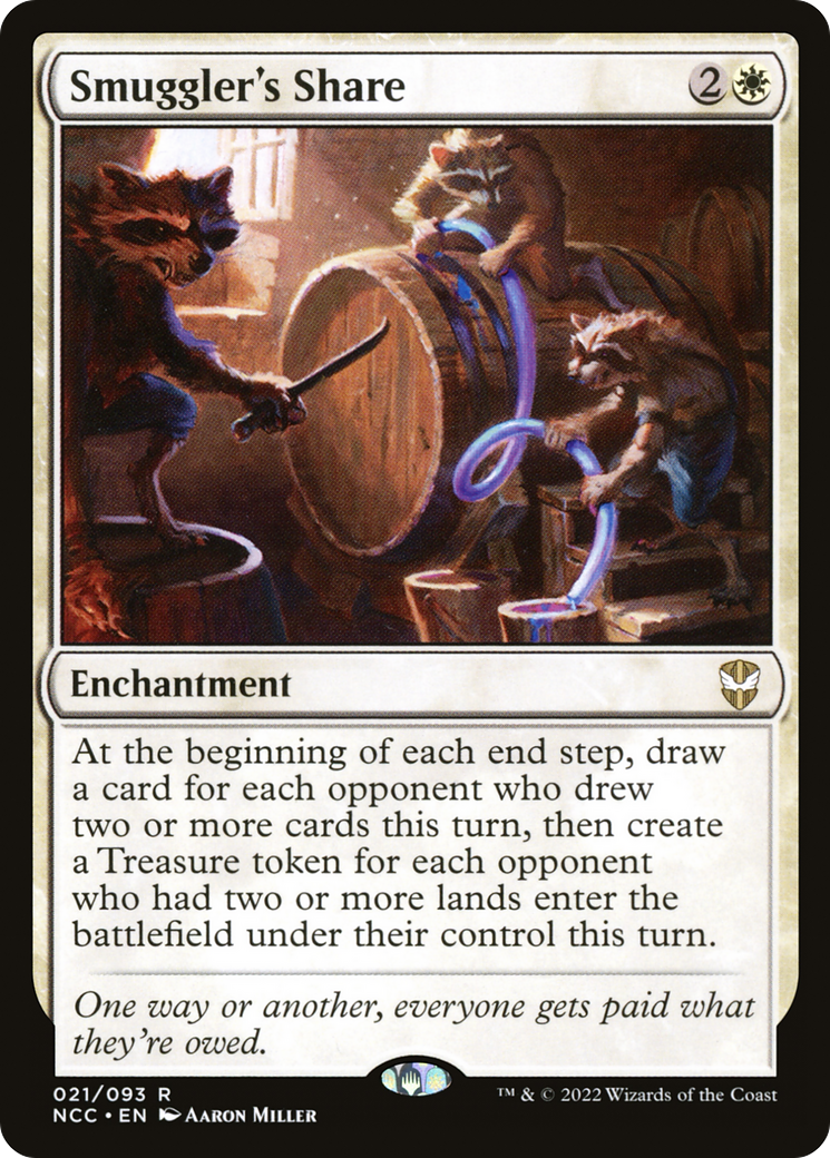 The Magic: The Gathering card, Smuggler's snare. It features a team of raccoons installing a tube on a barrel to siphon purple liquide out of it.