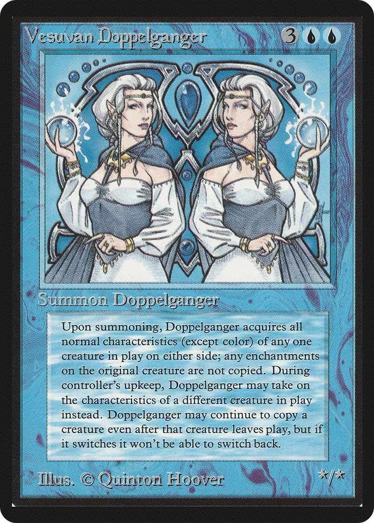 The Magic: The Gathering card Vesuvan Doppleganger, featuring two elvish women standing next to each other, each identical in appearance, holding glowing orbs of energy.