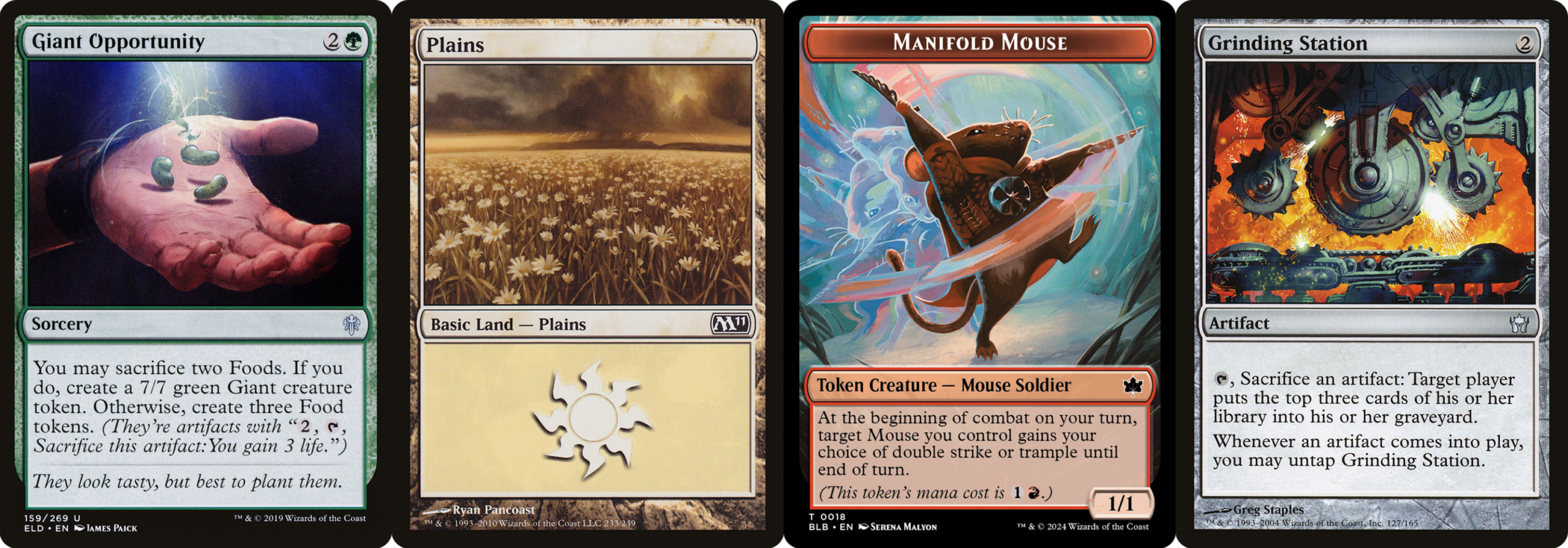 Four Magic: The Gathering cards arranged side by side. From left to right: Giant Opportunity, Plains, Manifold Mouse token, Grinding Station