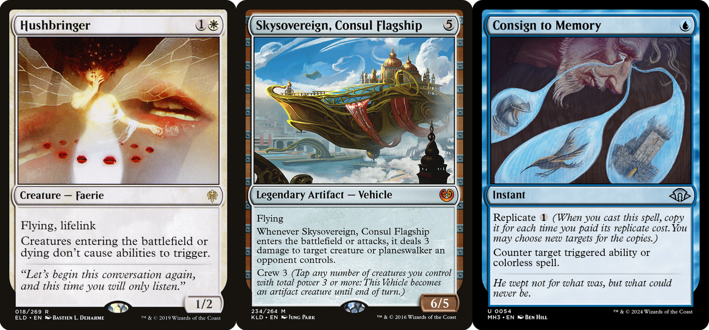 Three Magic: The Gathering cards arranged side by side. From left to right: Hushbringer, Skysovereign, Consul Flagship, Consign to Memory
