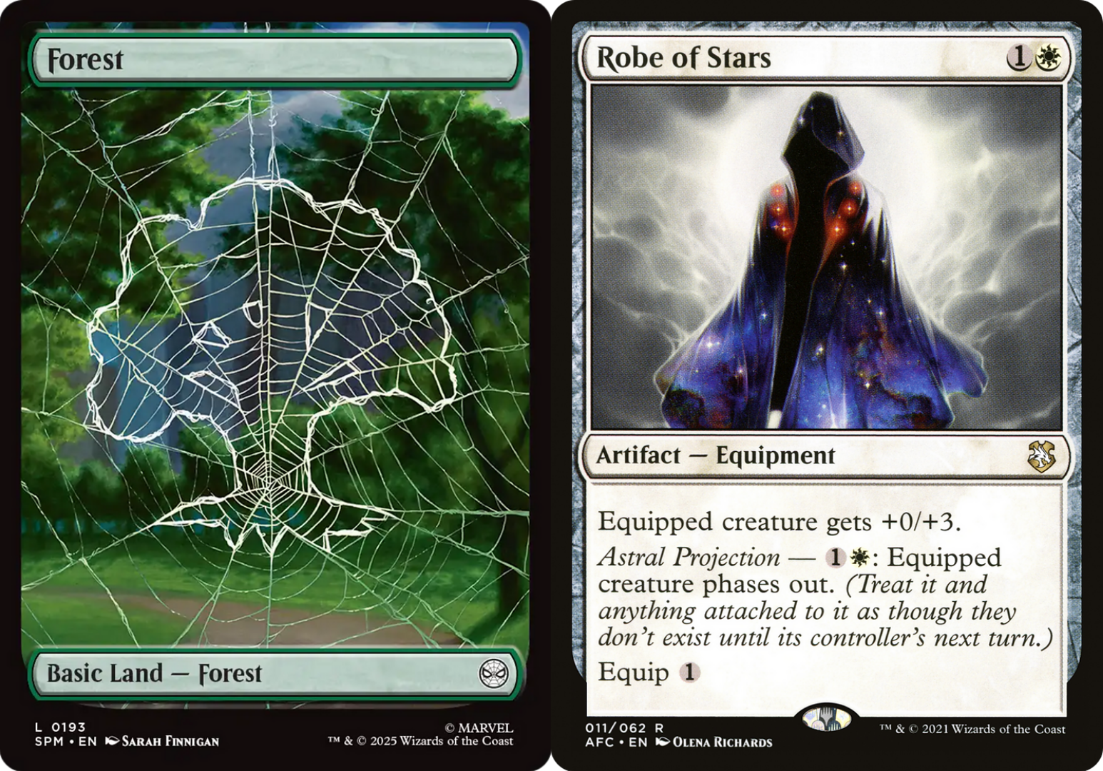 Two Magic: The Gathering cards arranged side by side. From left to right: Forest, Robe of Stars
