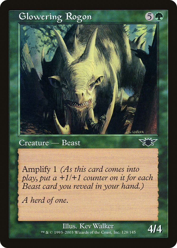 The Magic: The Gathering card, Glowering Rogon. It's a green, tusked beast crashing through a shadowy undergrowth.