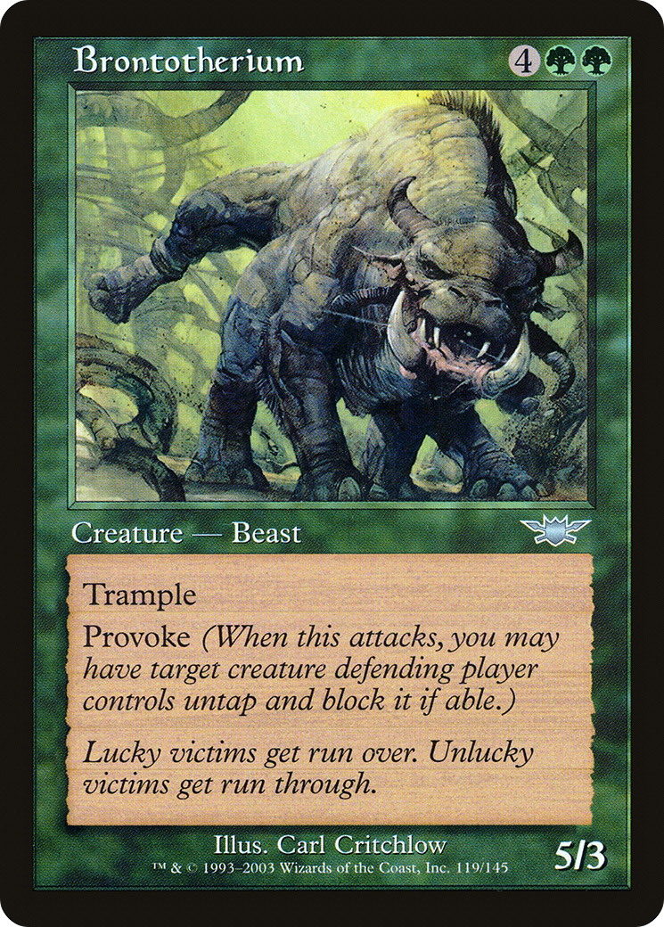 A Magic: The Gathering card Brontotherium, a six-legged beast with tusks and arched back.