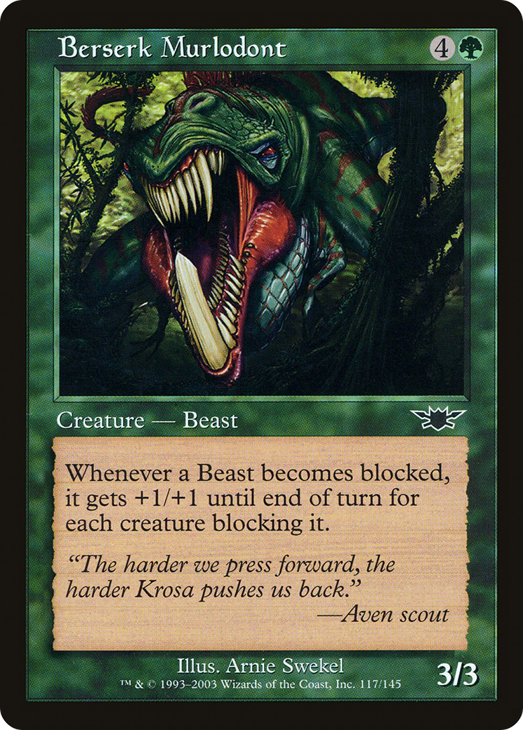 A Magic: The Gathering card, Berserk Murlodont, a green beast with massive knife-like teeth.