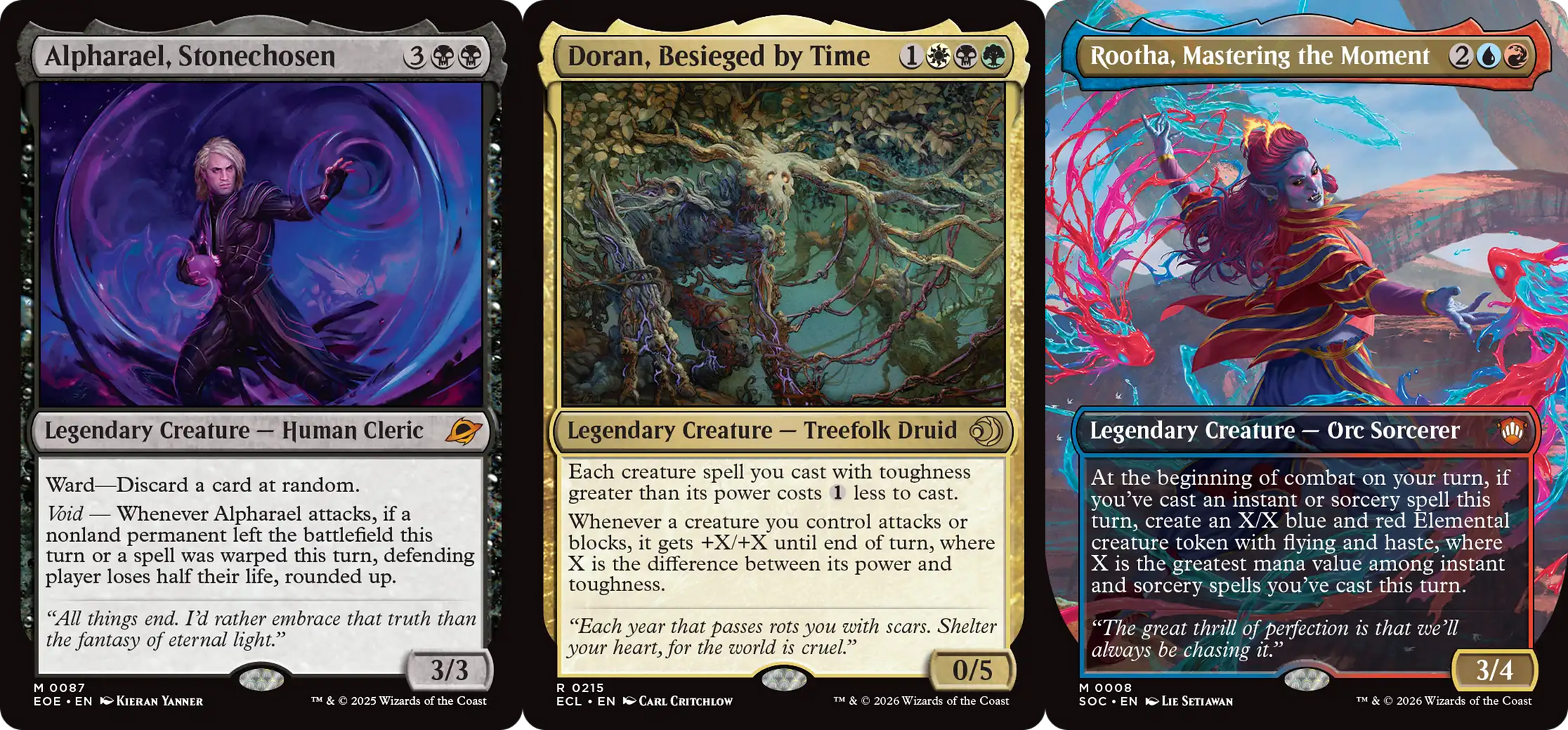 three Magic: The Gathering cards side by side Alpharael, Stonechosen Doran, Besieged by Time Rootha, Mastering the Moment