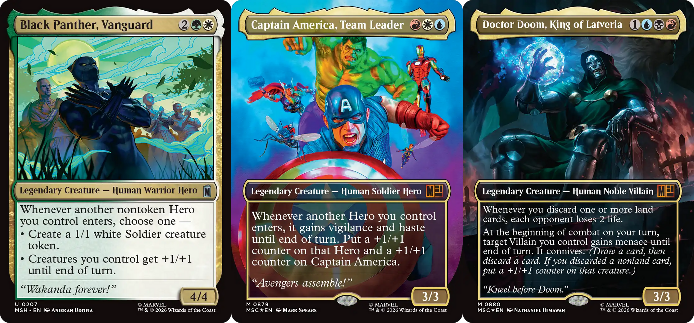 A side-by-side of Black Panther, Vanguard; Captain America, Team Leader; and Doctor Doom, King of Latveria