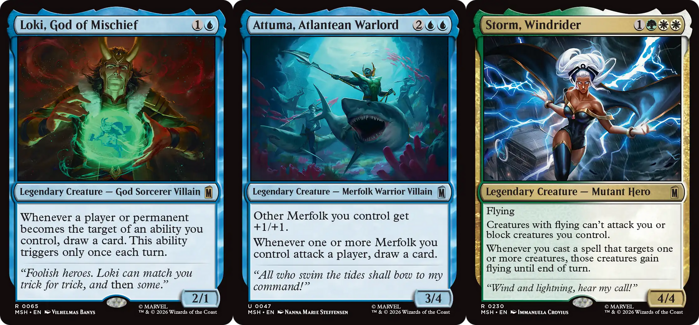 A side-by-side of Loki, God of Mischief; Attuma, Atlantean Warlord; and Storm, Windrunner