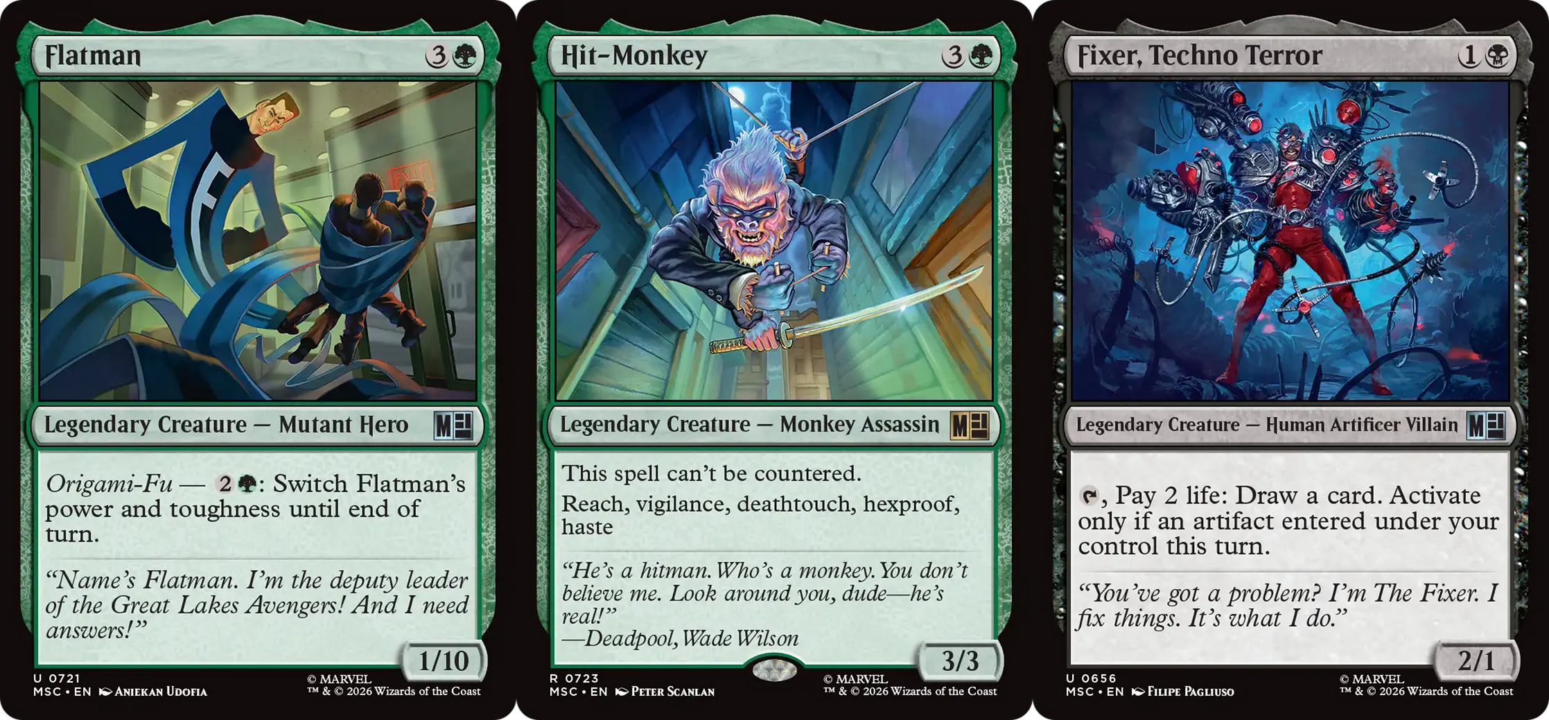 a side-by-side of Flatman, Hit Monkey, and Fixer, Techno-Terror