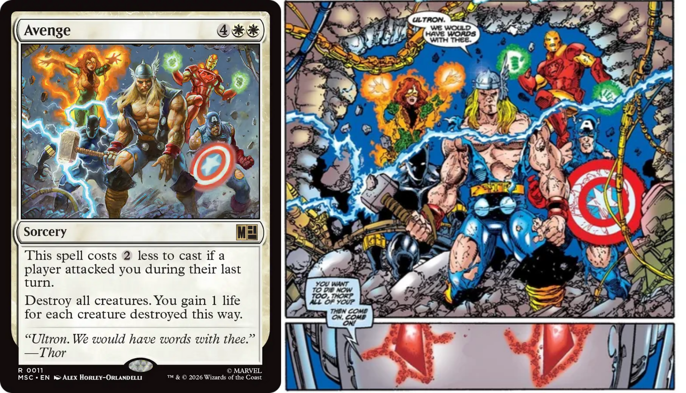 A side-by-side of Avenge and the comic book page it came from