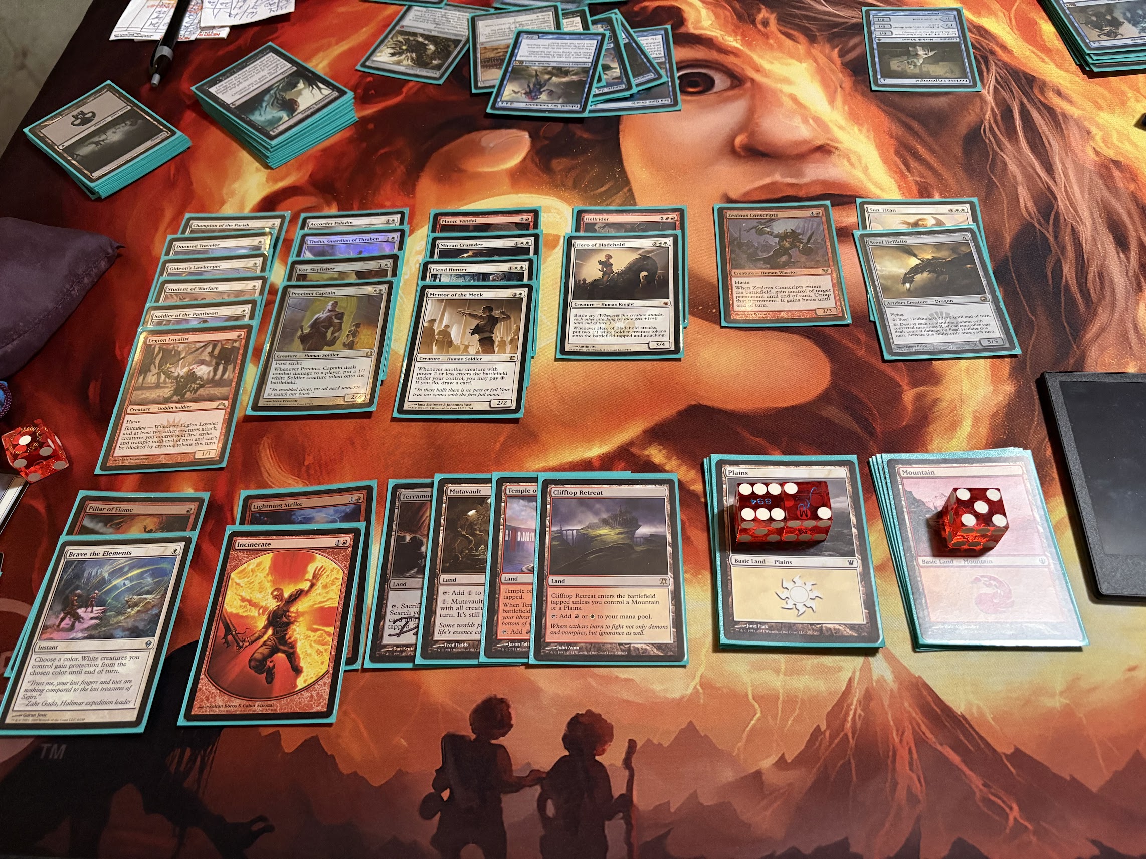 A draft deck of Magic cards, featuring red and white aggressive creatures