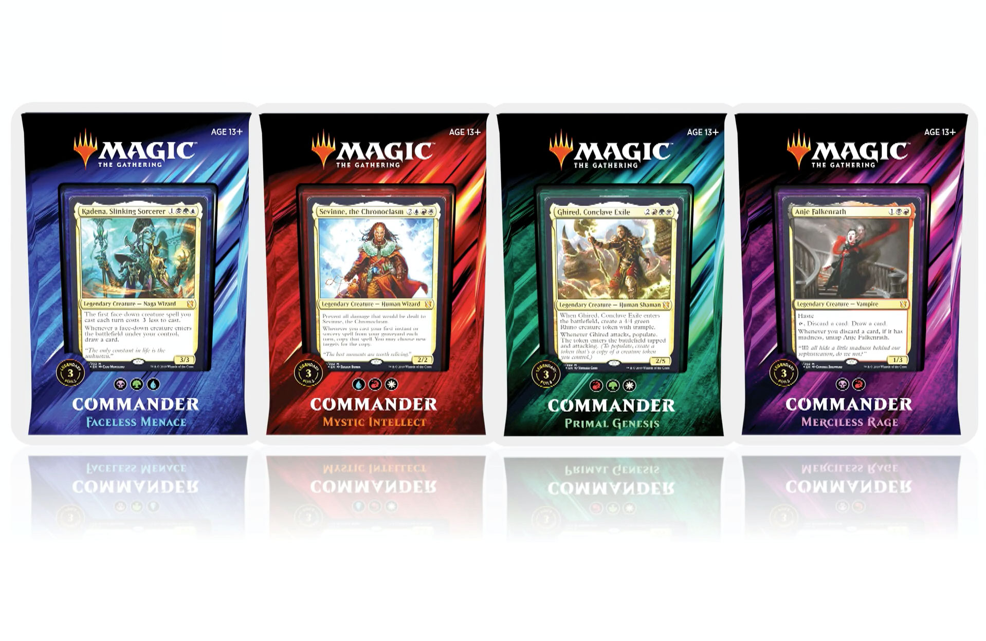 The product assortment of Commander 2019 precon decks