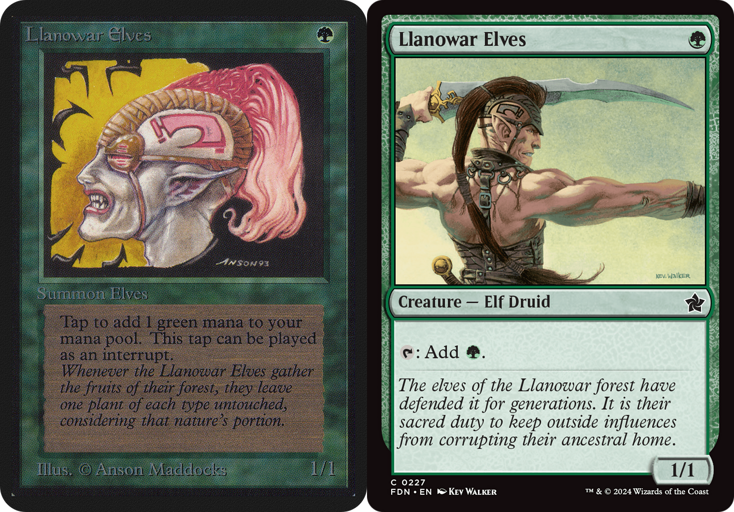 Two Llanowar Elves Magic: The Gathering cards, from Alpha to Foundations