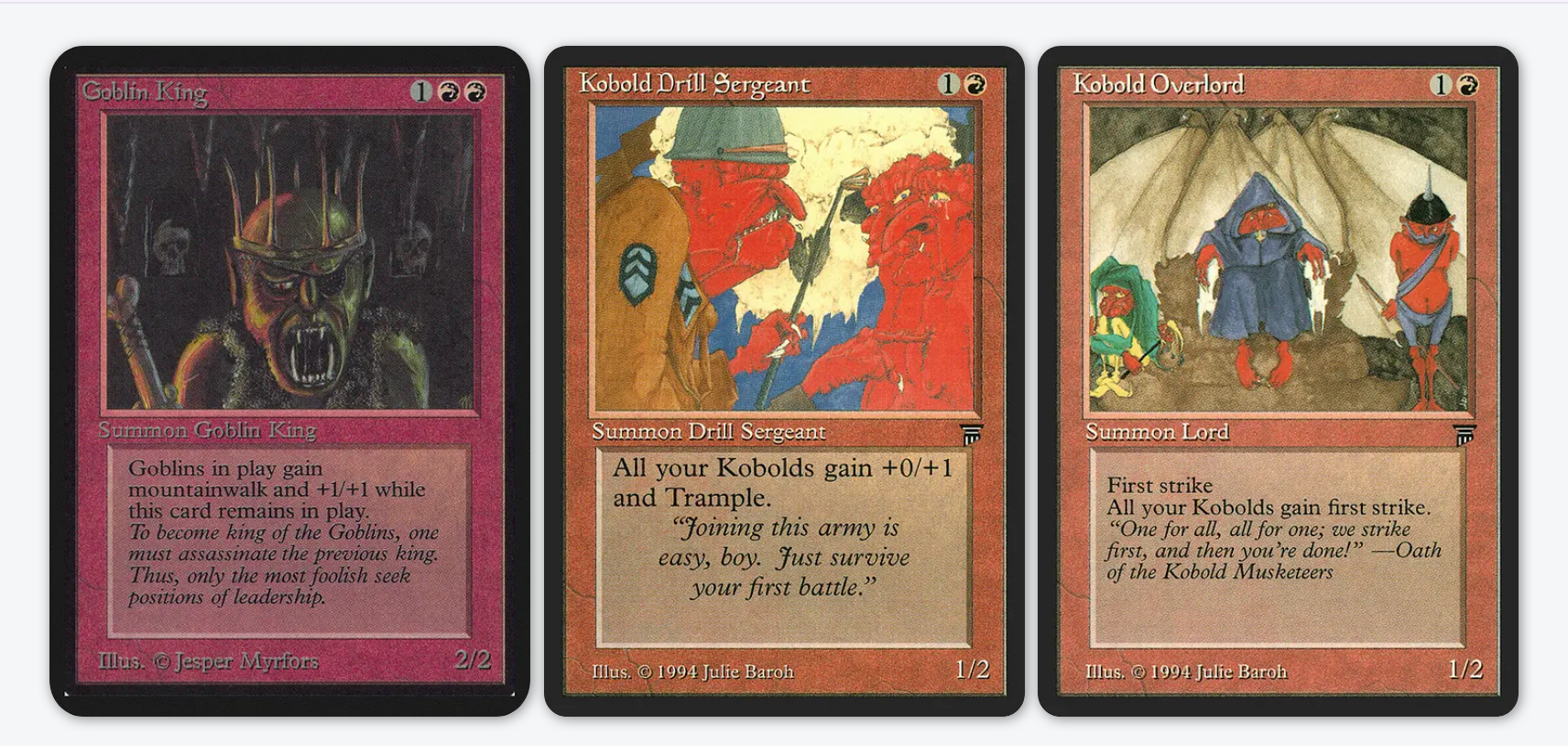 Three Magic: The Gathering cards in a row: Goblin King, Kobold Drill Sargeant, and Kobold Overlord
