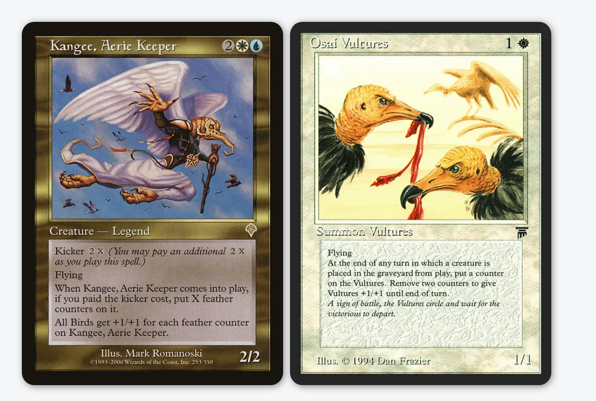 Two Magic: The Gathering cards side by side: Kangee, Aerie Keeper and Osai Vultures