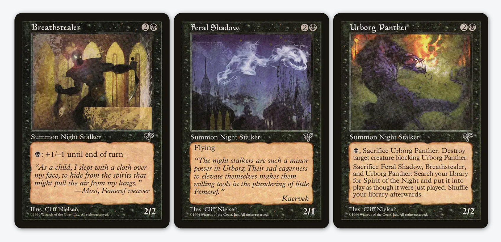 Three Magic: The Gathering cards side by side: Breathstealer, Feral Shadow, Urborg Panther