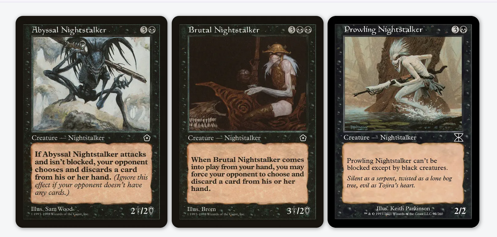 Three Magic: The Gathering cards side by side: Abyssal Nightstalker, Brutal Nightstalker, and Prowling Nightstalker