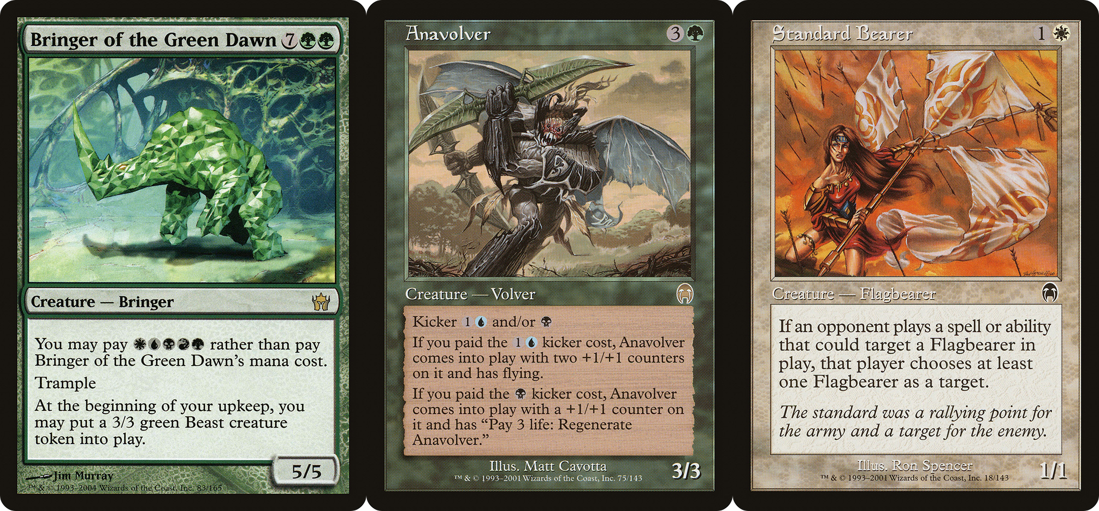 Three Magic: The Gathering cards side by side: Bringer of the Green Dawn, Anavolver, Standard Bearer