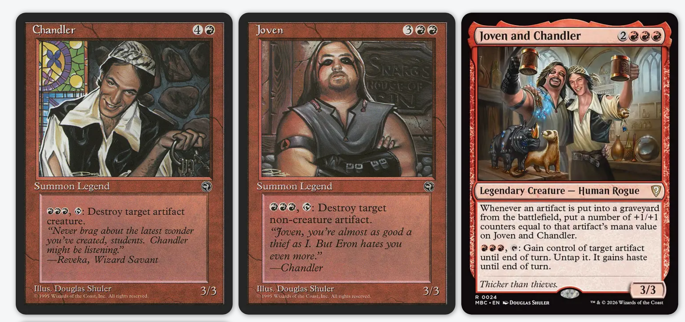 The Magic: The Gathering cards Joven and Chandler, with their paired card from Mystery Booster