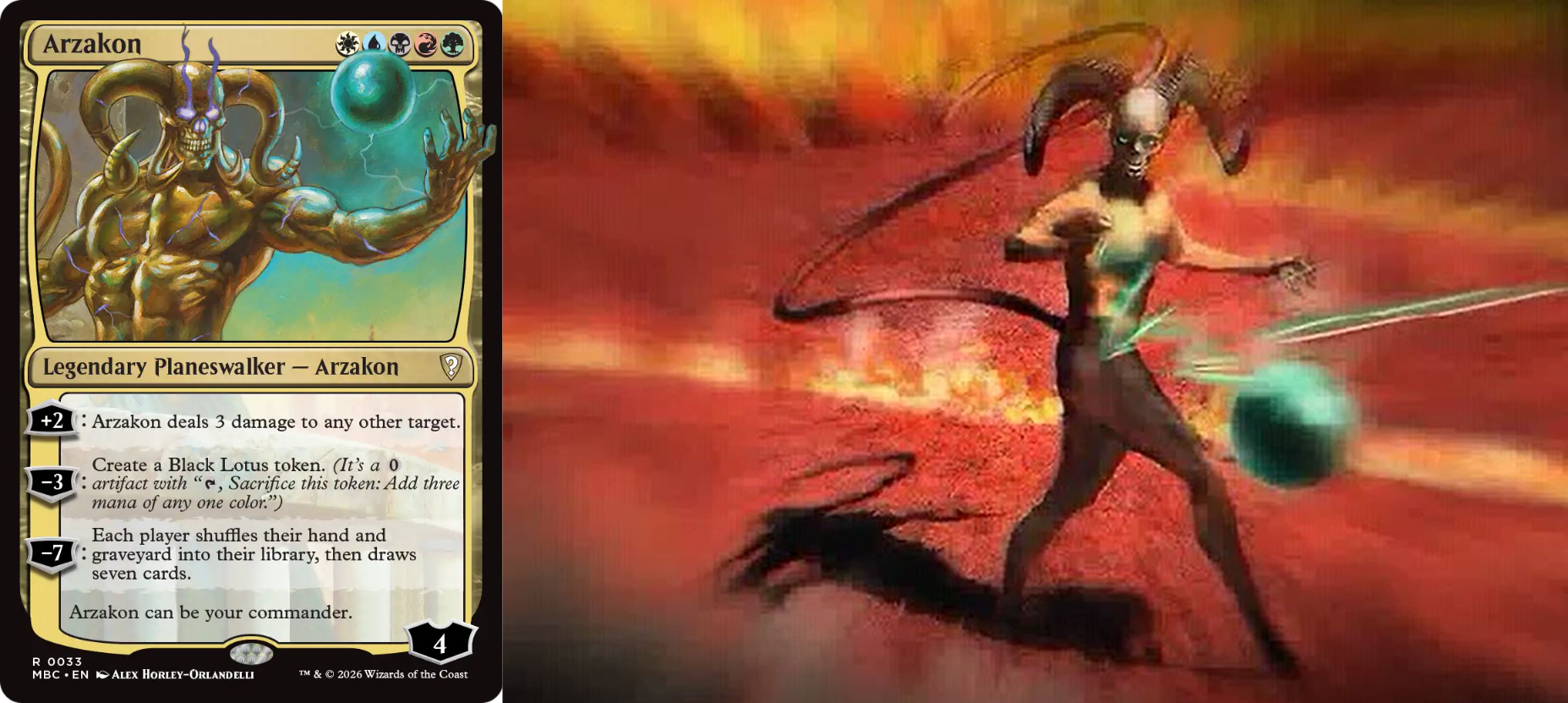 The Magic: The Gathering card Azarkon, a demon planeswalker, with a video game screenshot of the aforementioned skinny demon turning to face the camera.