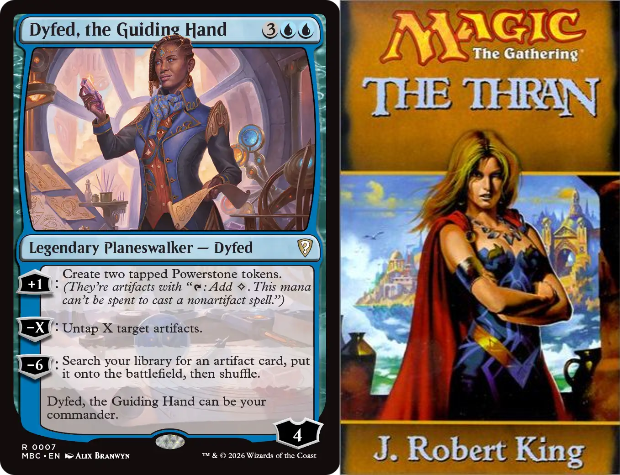 The Magic: The Gathering card Dyfed, the Guiding Hand, a blue planeswalker, with Magic novel The Thran pictured beside them.