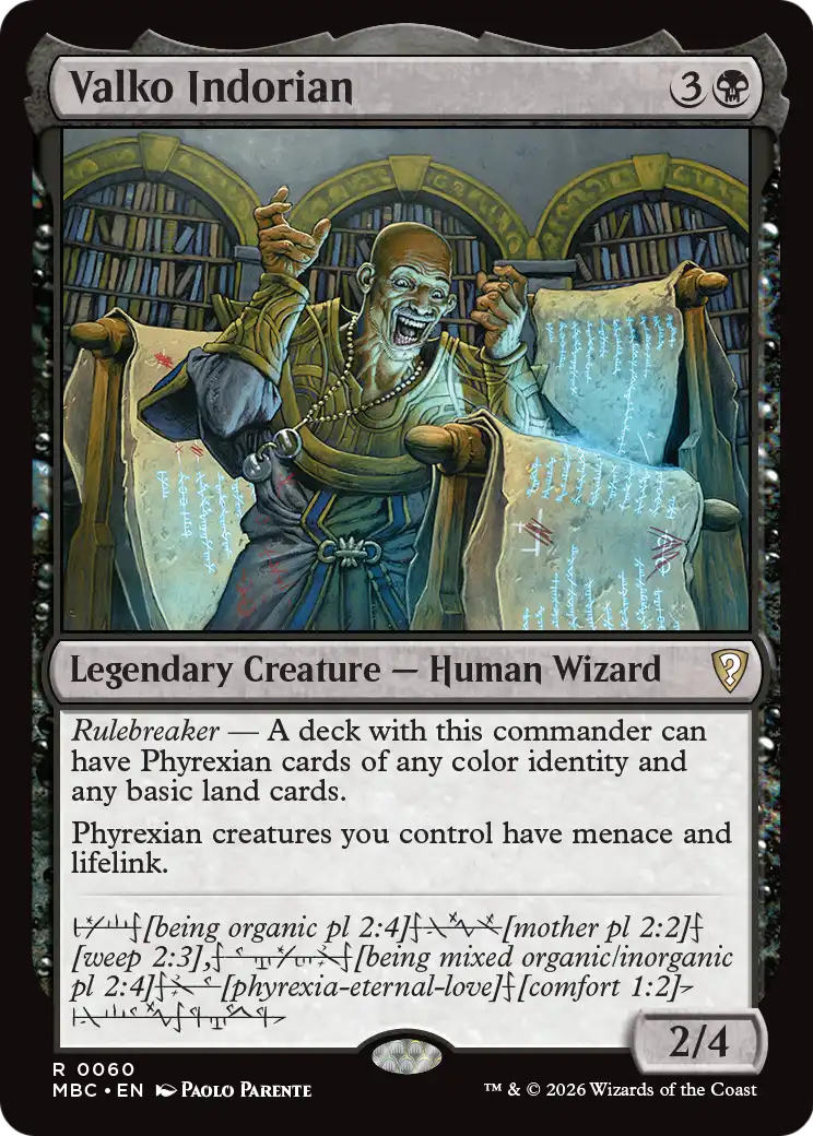 The Magic: The Gathering card Valko Indorian, a laughing wizard, looking at scrolls in a library