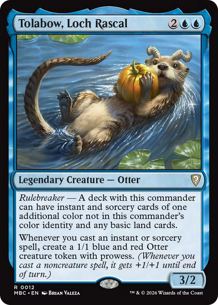 The Magic: The Gathering card Tolabow, Loch Rascal, an otter holding onto a pumpkin