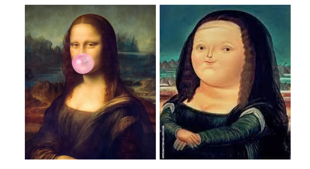 two portraits of the mona lisa: one with a bubble of gum, the other widened to a caricature dimension