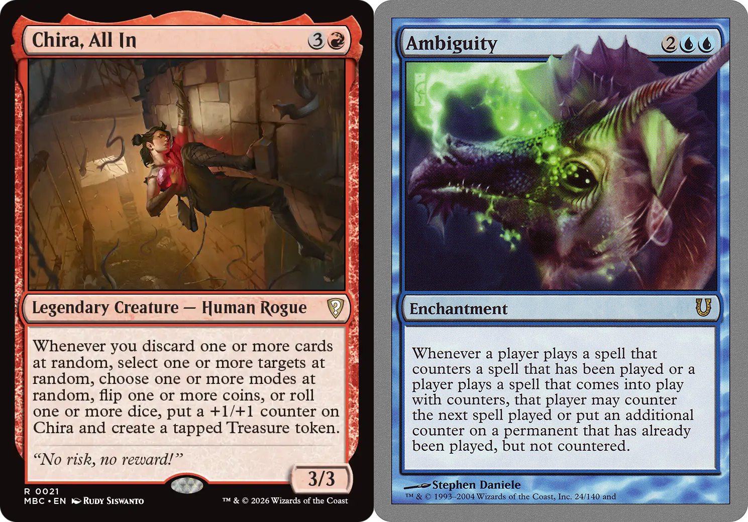 The Magic: The Gathering cards Chira, All In and Ambiguity