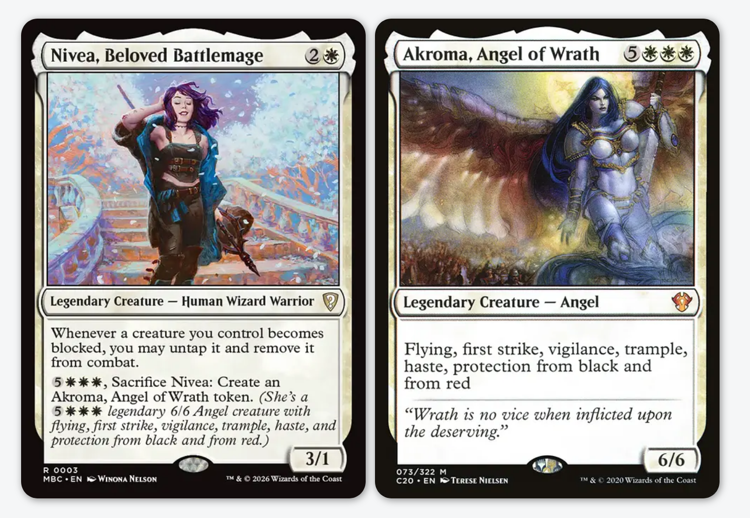The Magic: The Gathering cards Nivea, Beloved Battlemage and Akroma, Angel of Wrath