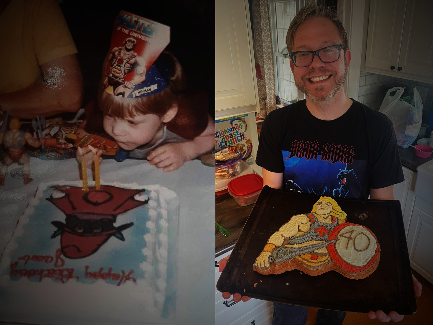 A pair of photos showing the aging of a child into a man. On the left, a child sits over a Masters of the Universe birthday cake. On the right, a smiling, bearded man holds a He-Man cake with a 40 emblazoned on the shield.
