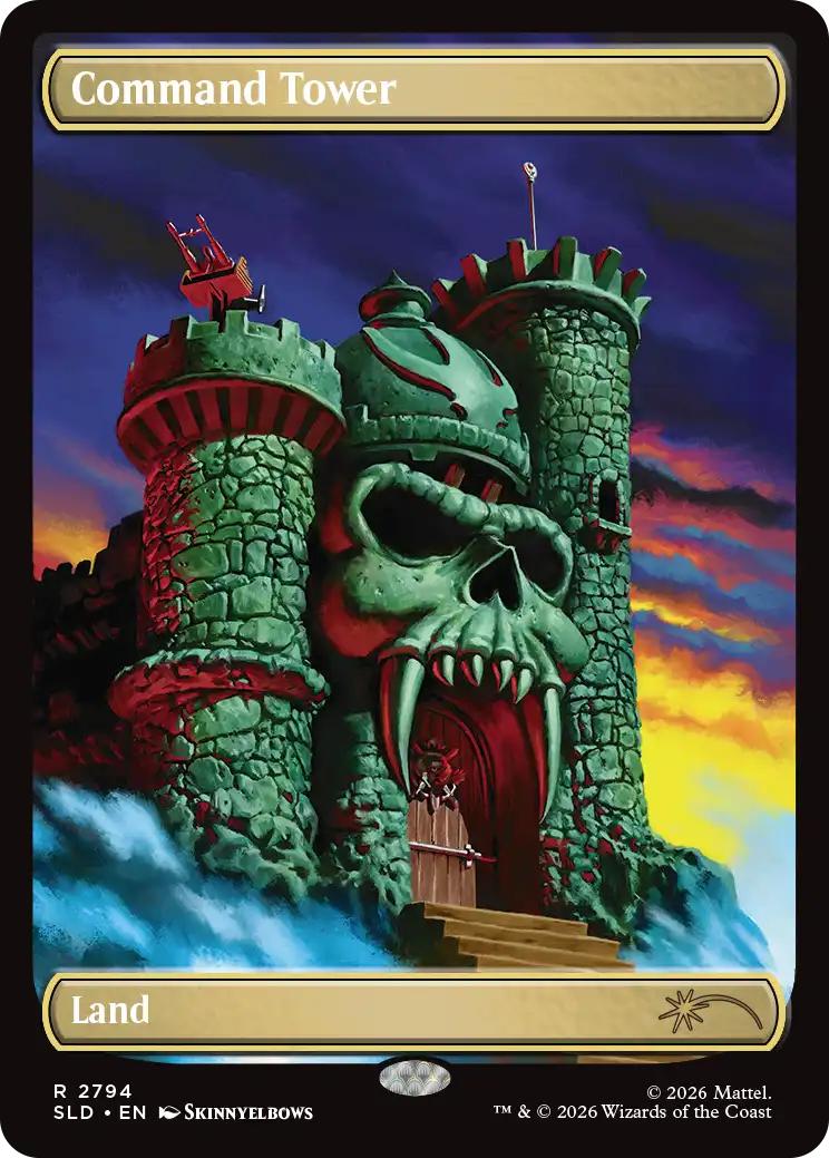 A Magic: The Gathering version of Command Tower, featuring Castle Greyskull from He-Man. It's a green and grey castle, with a large skill over the entrance.