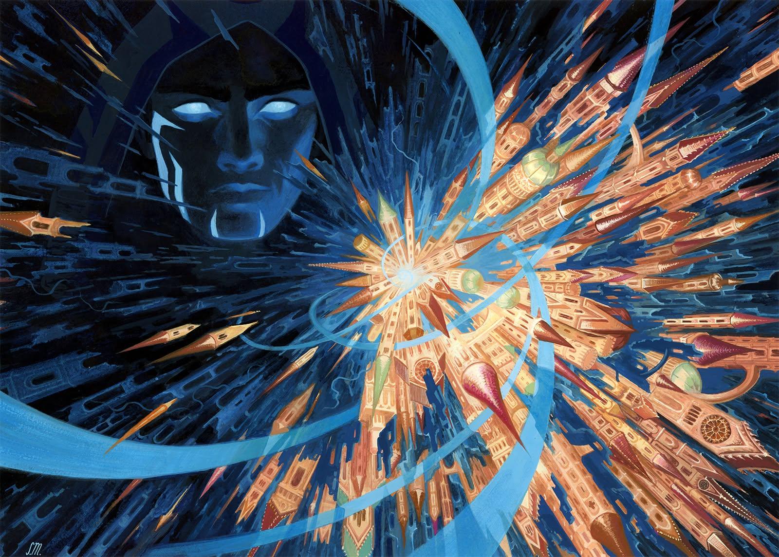A shadowed face floating in the dark looks on as a clock towers explode outward from a central focal point.