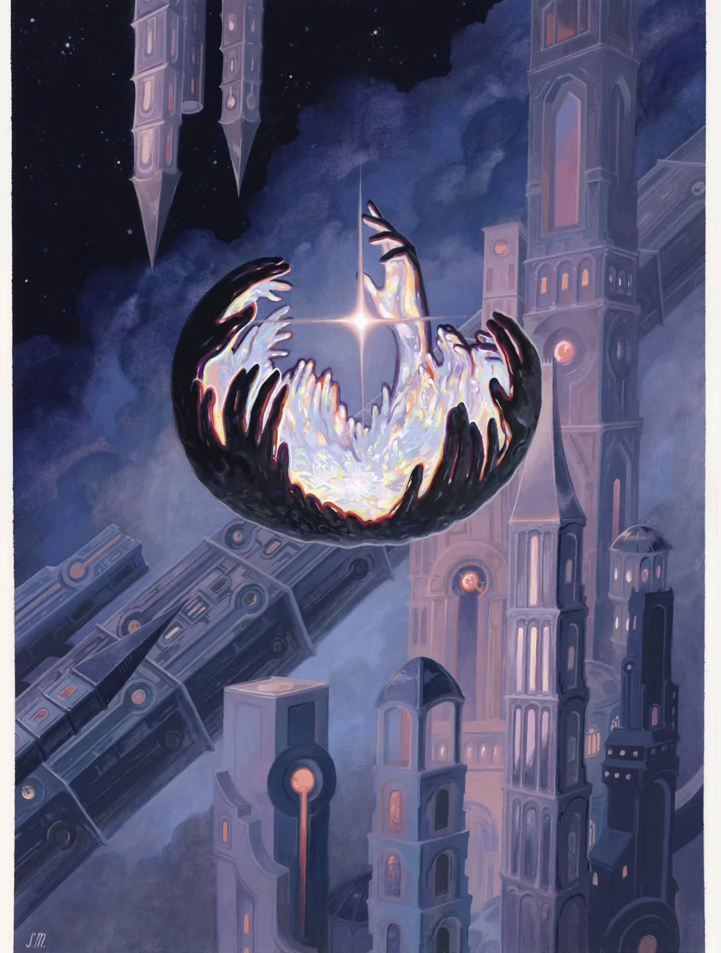 A bowl of cupped hands floats in space above an assortment of towers that rise out of darkness.