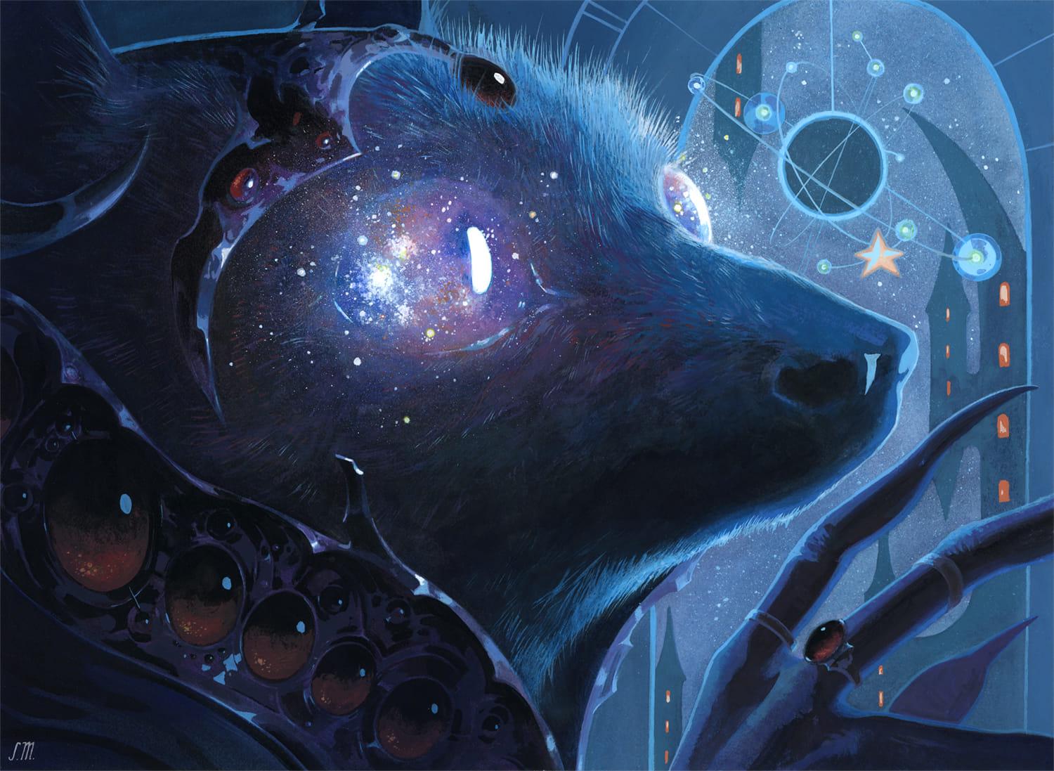 A rat with starry eyes looks from the darkness into a shadowy city. Beyond the rats gaze is a mobile-like galaxy hanging above the city skyline