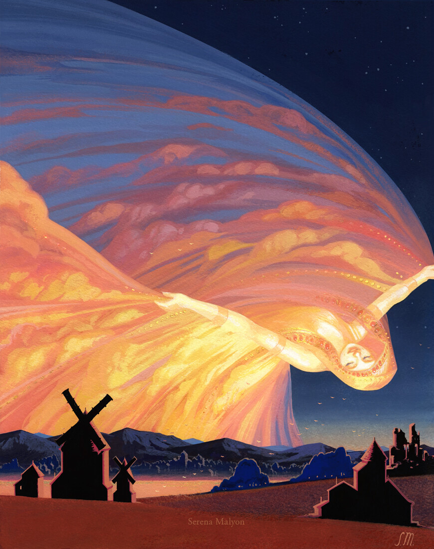 A darkened countryside is lit by an ethereal presence passing across the horizon. She takes the form of a woman, throwing her arms wide in a dance as fabric from a dress pulls behind her. The fabric is clouds painted yellow, orange, and purple by a sunset or sunrise