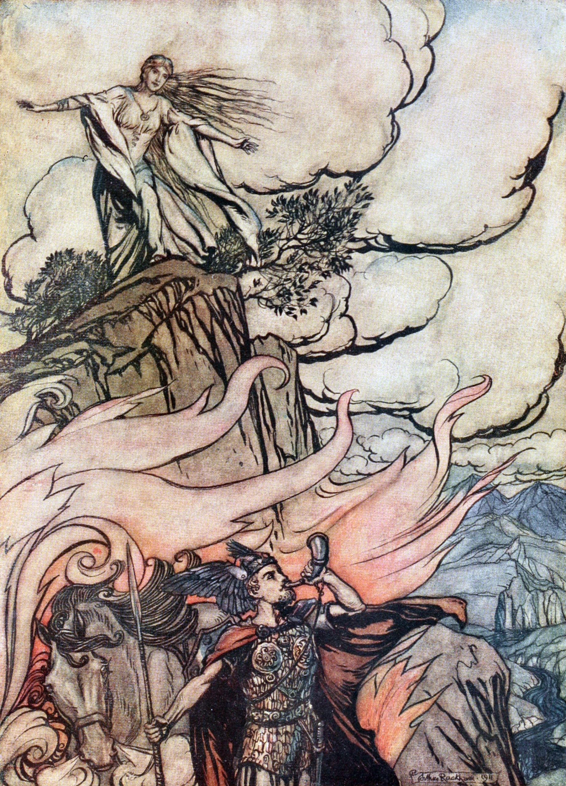 A battle scene depicting a woman standing on a hilltop while soldiers march below. The soldiers are blowing horns with swirling pink fire behind them.