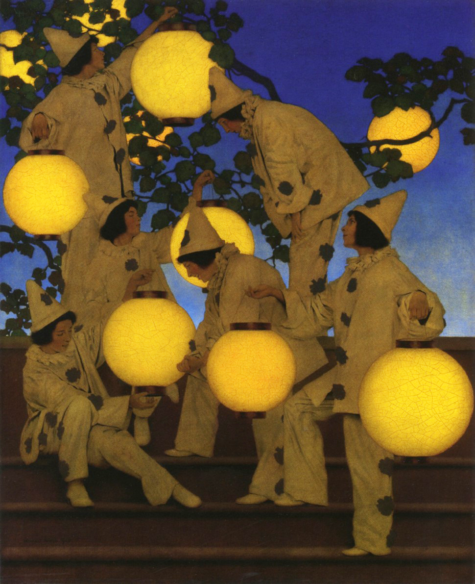 A group of people dressed in classical clown costumes hold spherical lanterns and are attaching them to a bush while light fades in the background